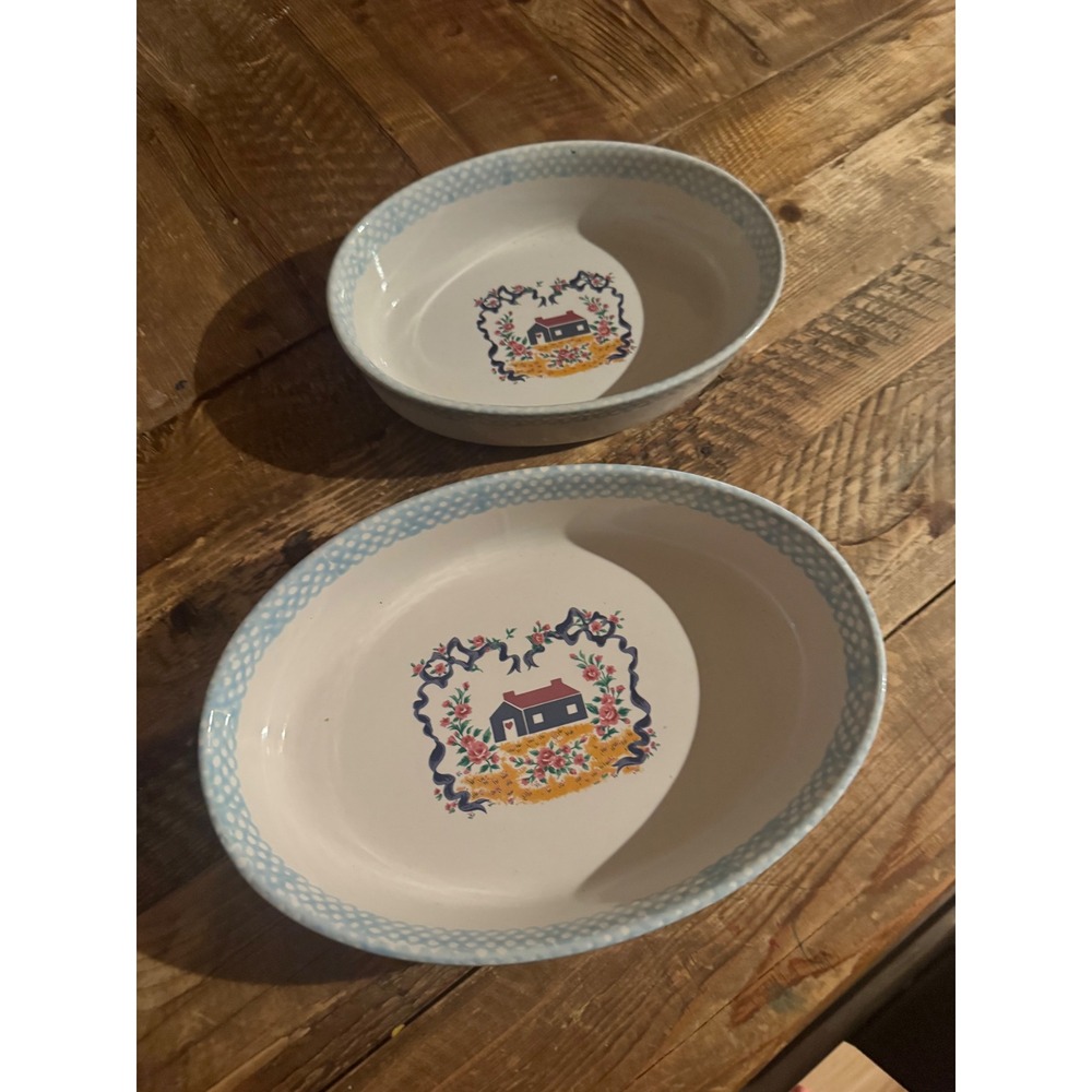 Vintage 1995 Teamson Country Cottage Oval Ceramic Bowls Set of 2 Blue Polka Dot